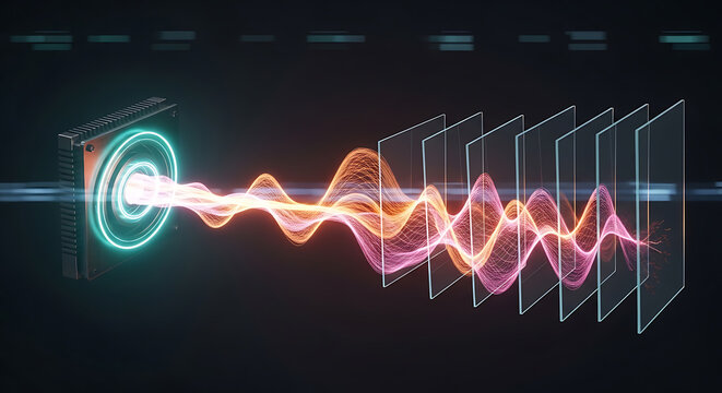 computer chip emitting wave patterns with layered planes futuristic technology illustration high quality professional