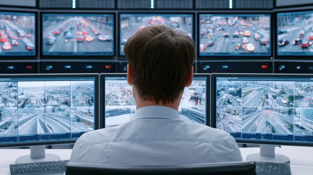 Male traffic control operator monitors multiple screens displaying live traffic footage in a modern control room with advanced technology and surveillance equipment
