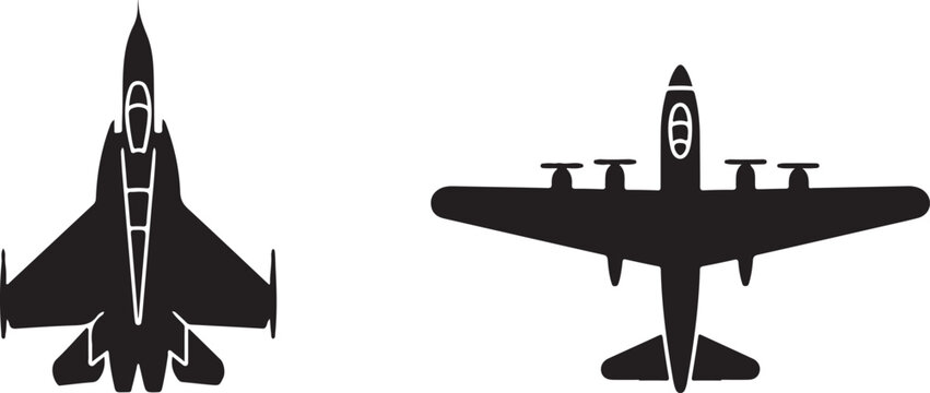 Black silhouette of a fighter jet and a four-engine propeller airplane, top-down view