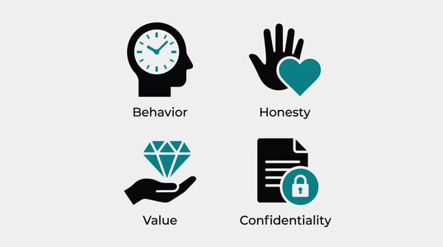Vector graphic illustration of Business ethics and values icons set Vector