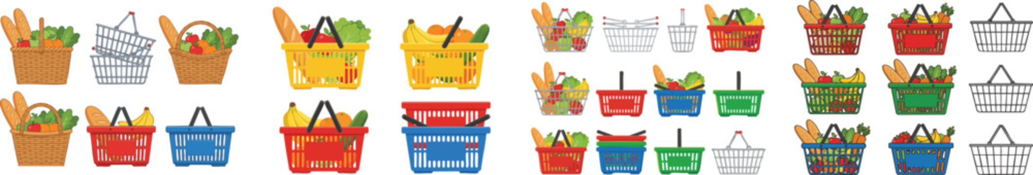 Collection of shopping baskets, some full with bread, fruit, and vegetables, others empty for retail use, vector isolated on white