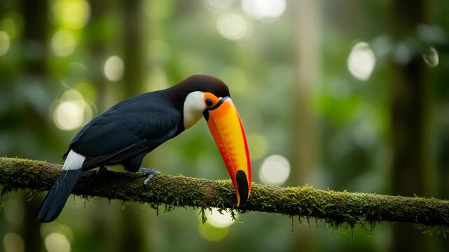 Toco toucan perched on a mossy branch in a lush tropical rainforest with soft bokeh background