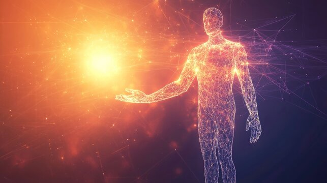 Human figure glows above hand to show customer centric design and support in digital work environment