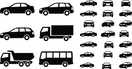 Car and transport vehicle silhouettes set featuring sedan suv wagon truck bus and delivery vehicles vector icons © Limon