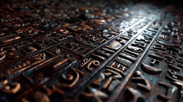 Ancient Egyptian Hieroglyphs Carved into Stone Tablet.
