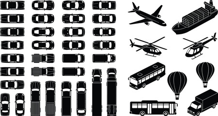 Comprehensive transportation silhouettes set with cars trucks buses airplanes helicopters ships and hot air balloons vector icons © Limon