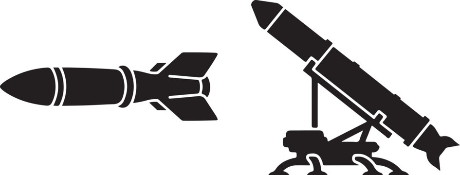 Black silhouette of a guided missile and a mobile rocket launcher system