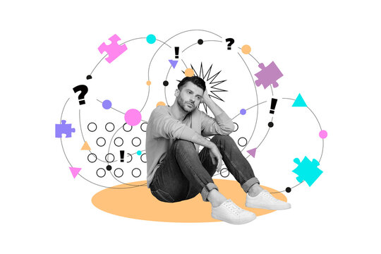 Creative trend collage of&nbsp;confused thoughtful young man question idea brainstorm&nbsp;start up unusual fantasy billboard comics