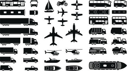 Comprehensive transportation silhouettes set with cars trucks buses airplanes helicopters ships boats and logistics vehicle icons © Limon