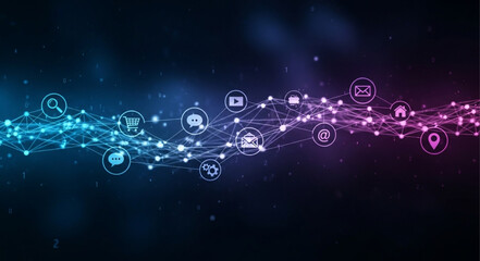 Digital Network Connections with Technology Icons Glowing. © Siti
