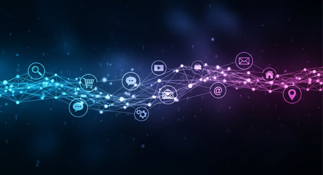 Digital Network Connections with Technology Icons Glowing.