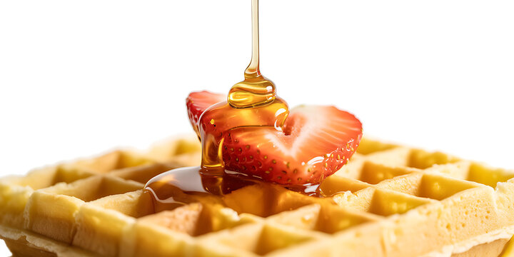 Delicious waffle with strawberries and honey on top for breakfast or snack time