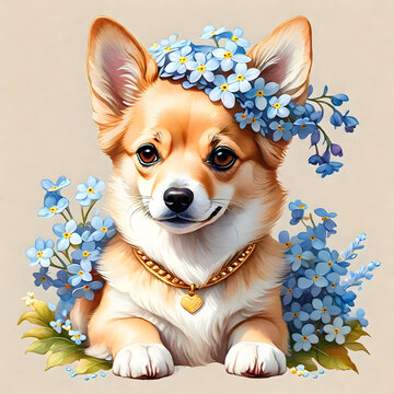 forget me not, long fured chihuahua puppy with a heart collar of gold