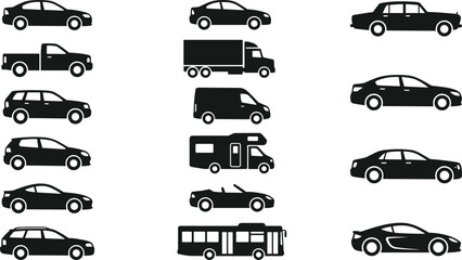 Vehicle silhouettes collection featuring cars trucks van bus camper and transport icons in clean black vector style © Limon