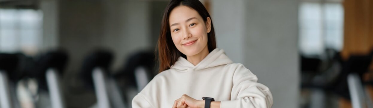 Young woman checking smart watch inside gym fitness center
