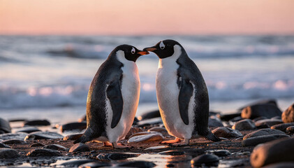 Two penguins stand close on a rocky beach at sunset by the ocean © Екатерина Чумаченко