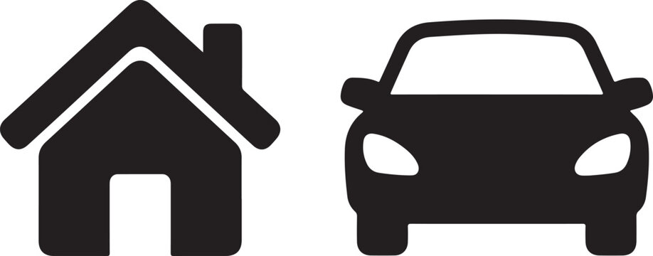 Black silhouette of a house with a chimney and a front-facing car isolated on a white background