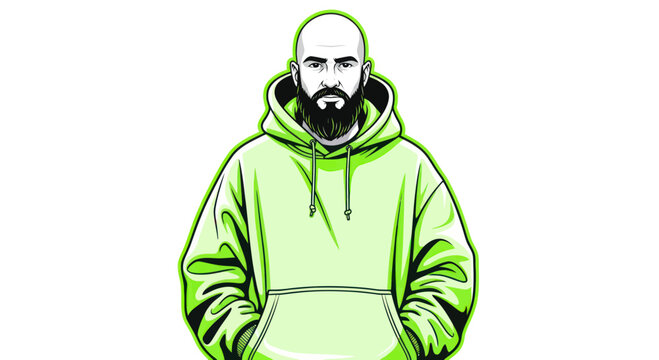 Bald Man with Beard in Green Hoodie, Vector Portrait Illustration