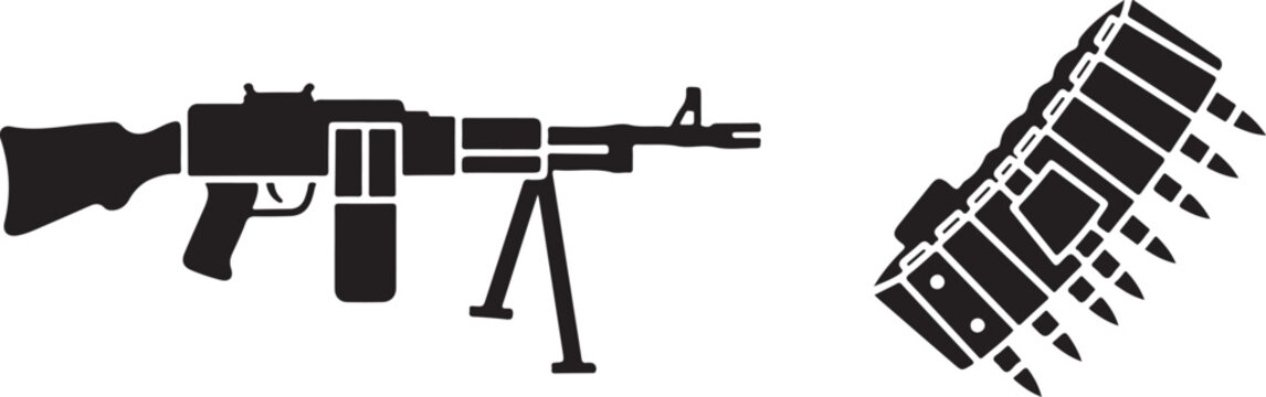 Black silhouette of a light machine gun with bipod and a linked ammunition belt for military or tactical use