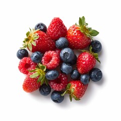 Obraz premium Fresh summer berries arranged in an inviting display. The arrangement includes ripe strawberries, blueberries, and raspberries.