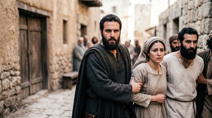 Obraz premium Man capturing woman in ancient city streets. Scene representing Saul of Tarsus persecuting early followers of Christ. Bible narrative illustration of religious conflict and suffering.