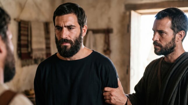 Saul of Tarsus speaking with a man about traveling to Damascus to persecute disciples. Biblical scene depicting a historical religious conversion narrative from the Acts of the Apostles.