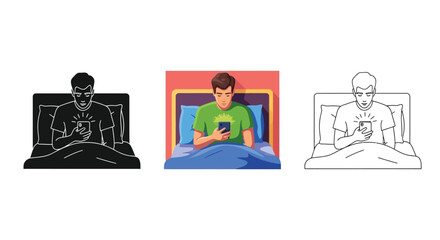 Fototapeta premium Vector illustration of a young man using a smartphone while sitting in bed at night