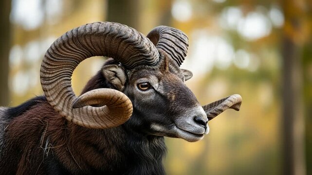 Closeup portrait of a majestic mouflon ram with large curved horns, standing in a serene forest setting with soft bokeh background