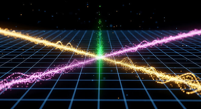 perspective grid plane with floating neon light trails against black high quality professional