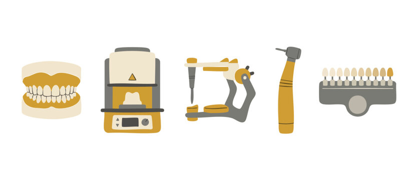 Dental laboratory equipment icons set, tooth model, ceramic furnace, dental articulator, handpiece, and shade guide for dental prosthetics design, flat minimalist vector illustration for clinic brandi