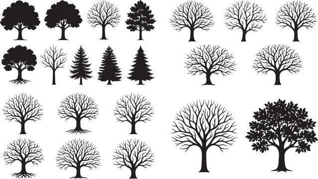 Black silhouette vector illustration of assorted tree designs including deciduous, and bare winter trees in grid layout