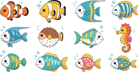 Cute tropical fish cartoon set with colorful marine animals, pufferfish and seahorse characters for kids design, aquarium illustrations and playful underwater themes © MdKhayrul