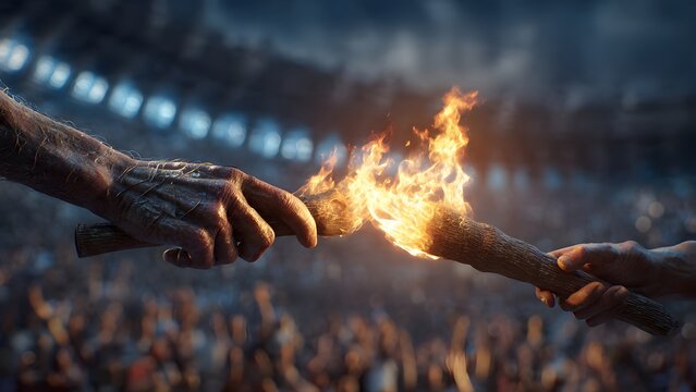 Two hands exchange a flaming torch in a grand arena, representing the enduring spirit and continuity of tradition