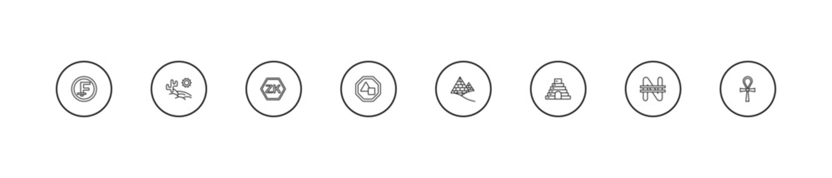 outline africa icons set - zambian kwacha, sudanese pound, pyramids. editable vector for web and mobile ui