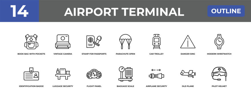 outline airport terminal icons set - book bag with pockets, vintage camera, old plane. editable vector for web and mobile ui
