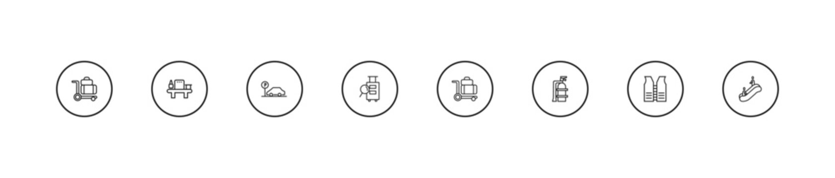 outline airport terminal icons set - parking square, luggage inspection, luggage trolley. editable vector for web and mobile ui