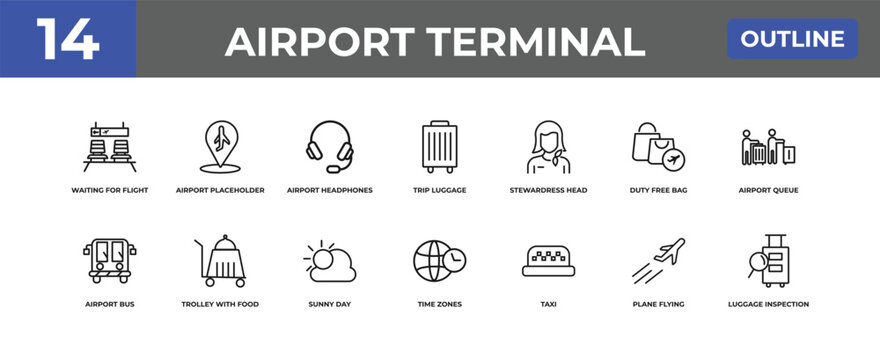 outline airport terminal icons set - waiting for flight, airport placeholder, plane flying. editable vector for web and mobile ui