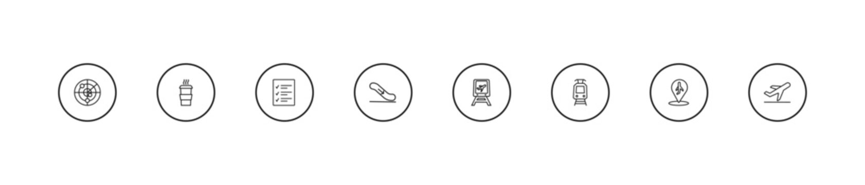 outline airport terminal icons set - control check, airport down stairs, train to the airport. editable vector for web and mobile ui