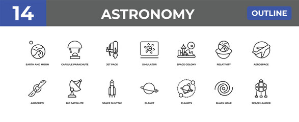 outline astronomy icons set - earth and moon, capsule parachute, black hole. editable vector for web and mobile ui © IconArt