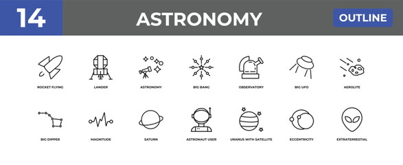 outline astronomy icons set - rocket flying, lander, eccentricity. editable vector for web and mobile ui © IconArt