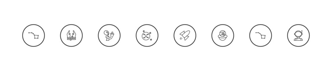 outline astronomy icons set - extraterrestrial, neptune with satellite, rocket flying. editable vector for web and mobile ui © IconArt