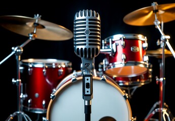 Obraz premium Vintage microphone and red drum kit in a dark music recording studio