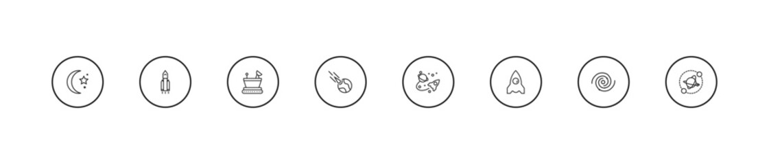 outline astronomy icons set - moonwalker, meteorite falling, space travel. editable vector for web and mobile ui © IconArt