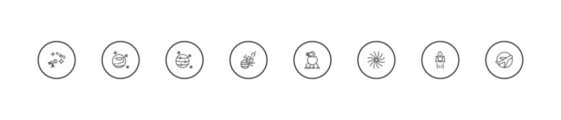 outline astronomy icons set - jupiter with satellite, space collision, space robot. editable vector for web and mobile ui © IconArt