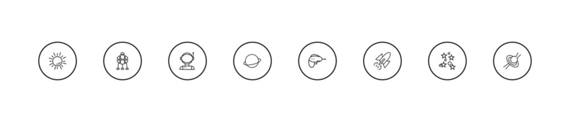 outline astronomy icons set - astronaut ingravity, saturn, gun blaster. editable vector for web and mobile ui © IconArt