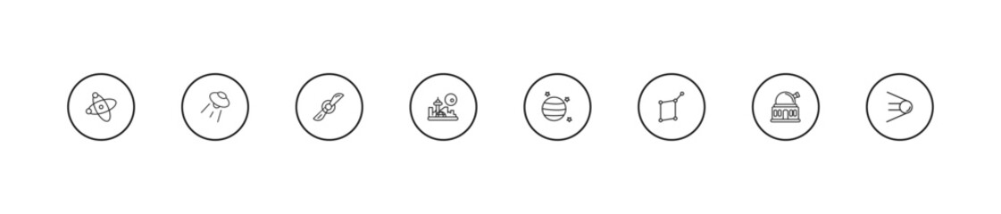 outline astronomy icons set - airscrew, space colony, uranus with satellite. editable vector for web and mobile ui © IconArt