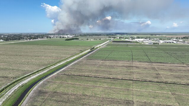 Aerial view of a massive plume of thick grey smoke billowing from a wildfire across vast green agricultural fields and a distant residential area under a bright blue sky.