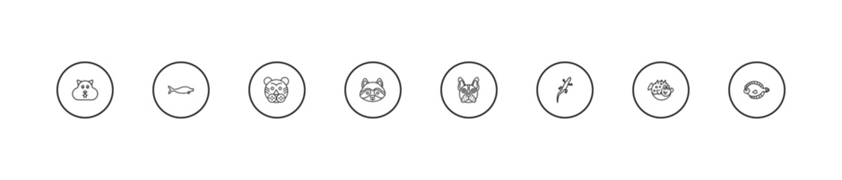 outline animals icons set - tiger, racoon, bulldog. editable vector for web and mobile ui