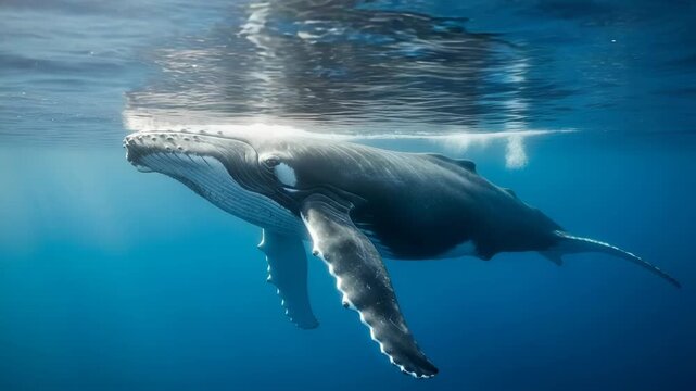Underwater shot of a humpback whale swimming in the deep blue ocean