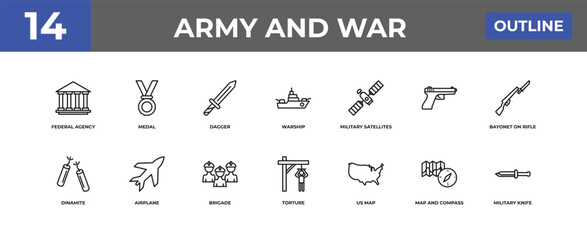 outline army and war icons set - federal agency, medal, map and compass. editable vector for web and mobile ui © IconArt